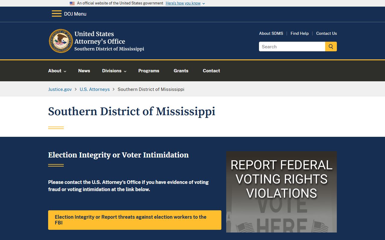 Kemper County court dockets federal prosecutor reference for the Southern District of Mississippi