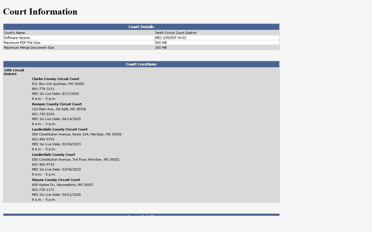 Kemper County court records listing on the 10th Circuit MEC court information page