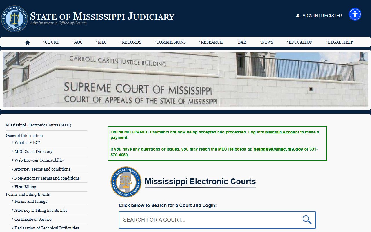 Kemper County court records on the Mississippi Electronic Courts portal
