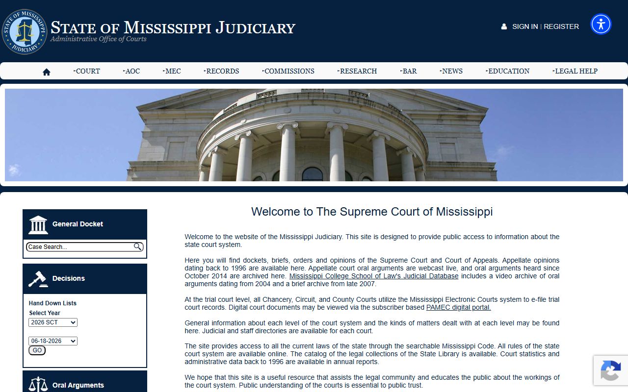 Kemper County court records framework on the Mississippi Judiciary website