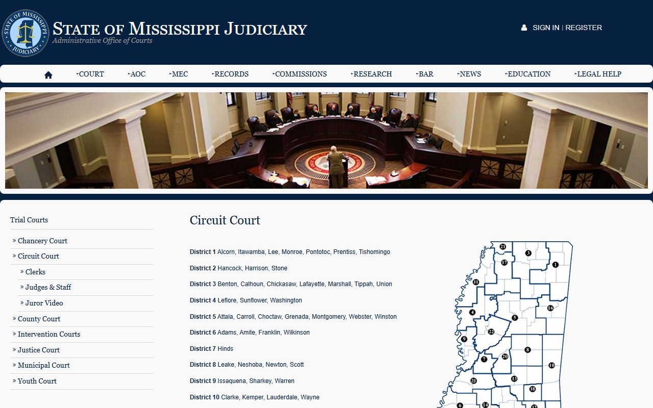 Kemper County court records routing on the Mississippi Circuit Courts page