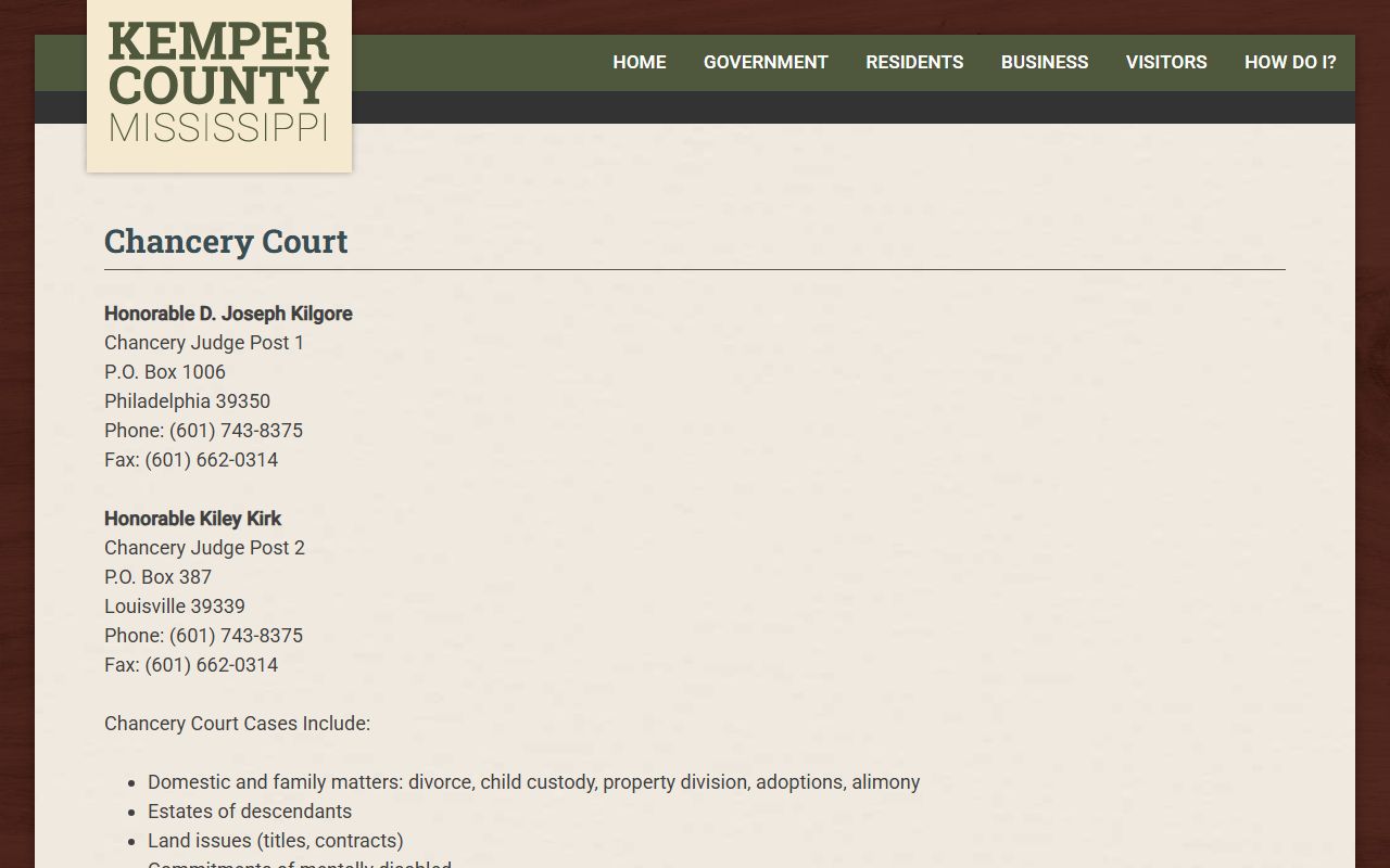 Kemper County Chancery Court page covering divorce and probate court records