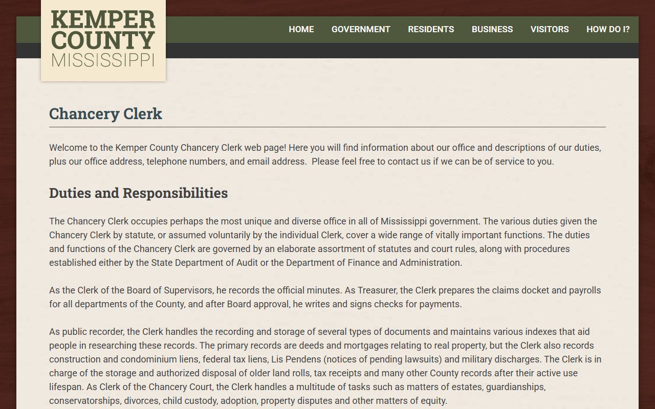 Kemper County Chancery Clerk page listing land, estate, and divorce court records
