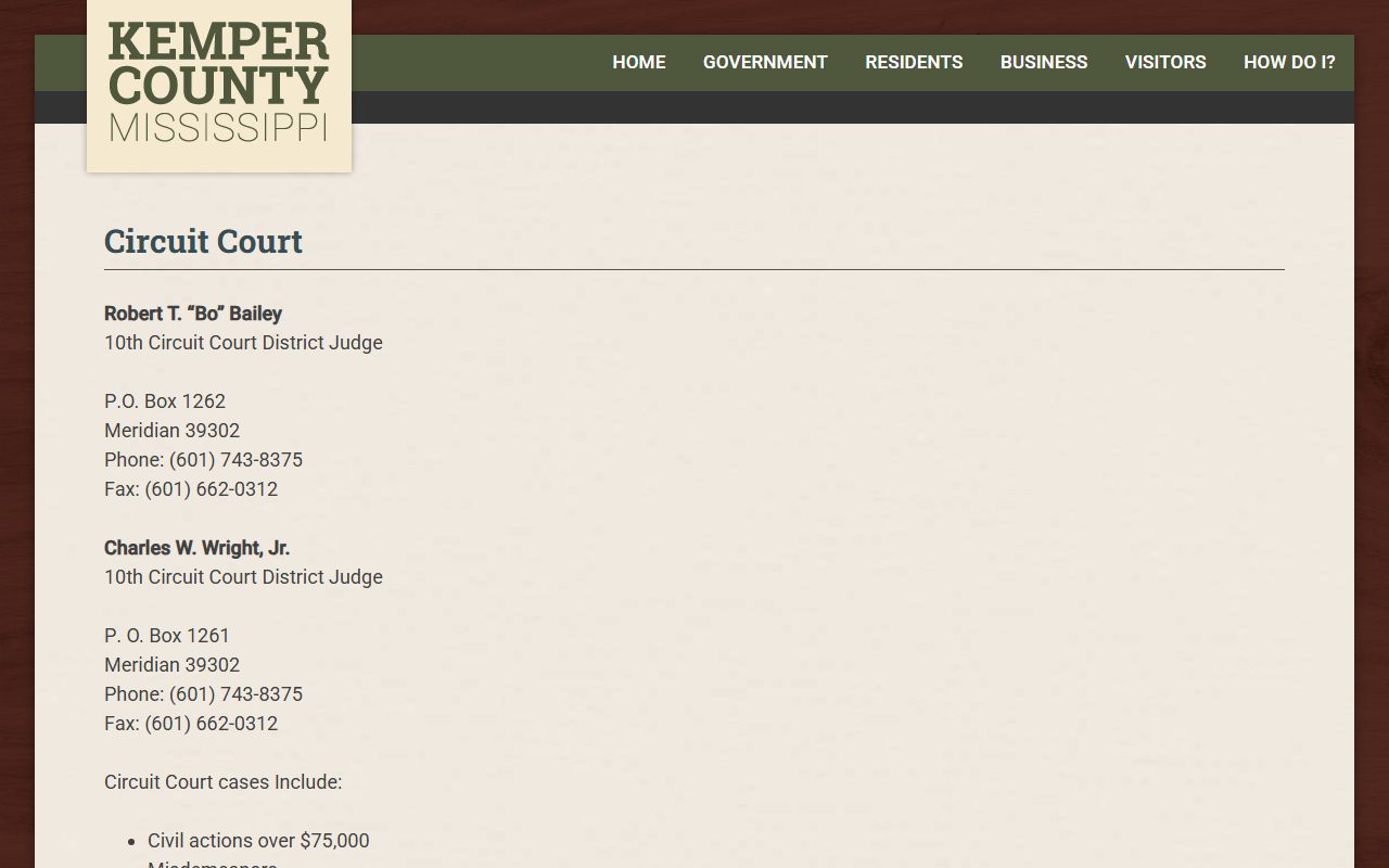 Kemper County Circuit Court page showing felony and civil court records