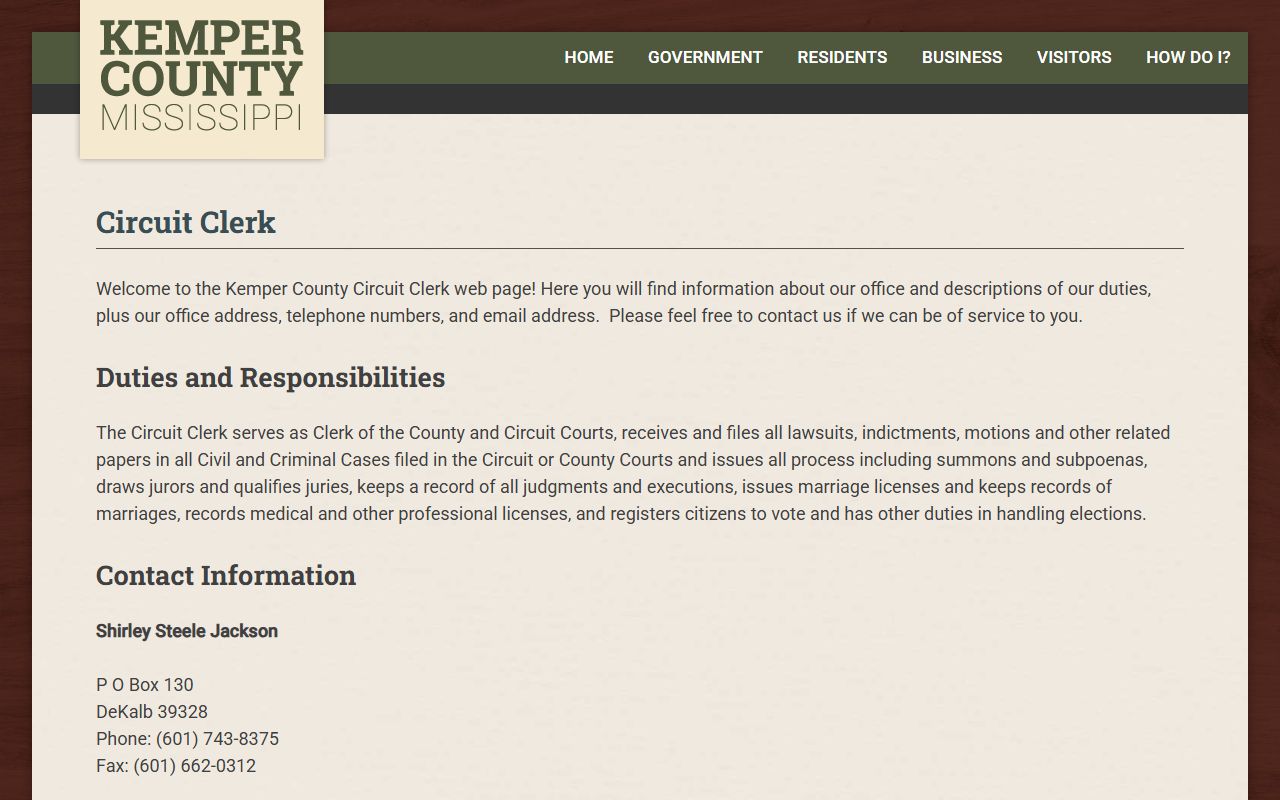 Kemper County Circuit Clerk page describing court records and marriage records