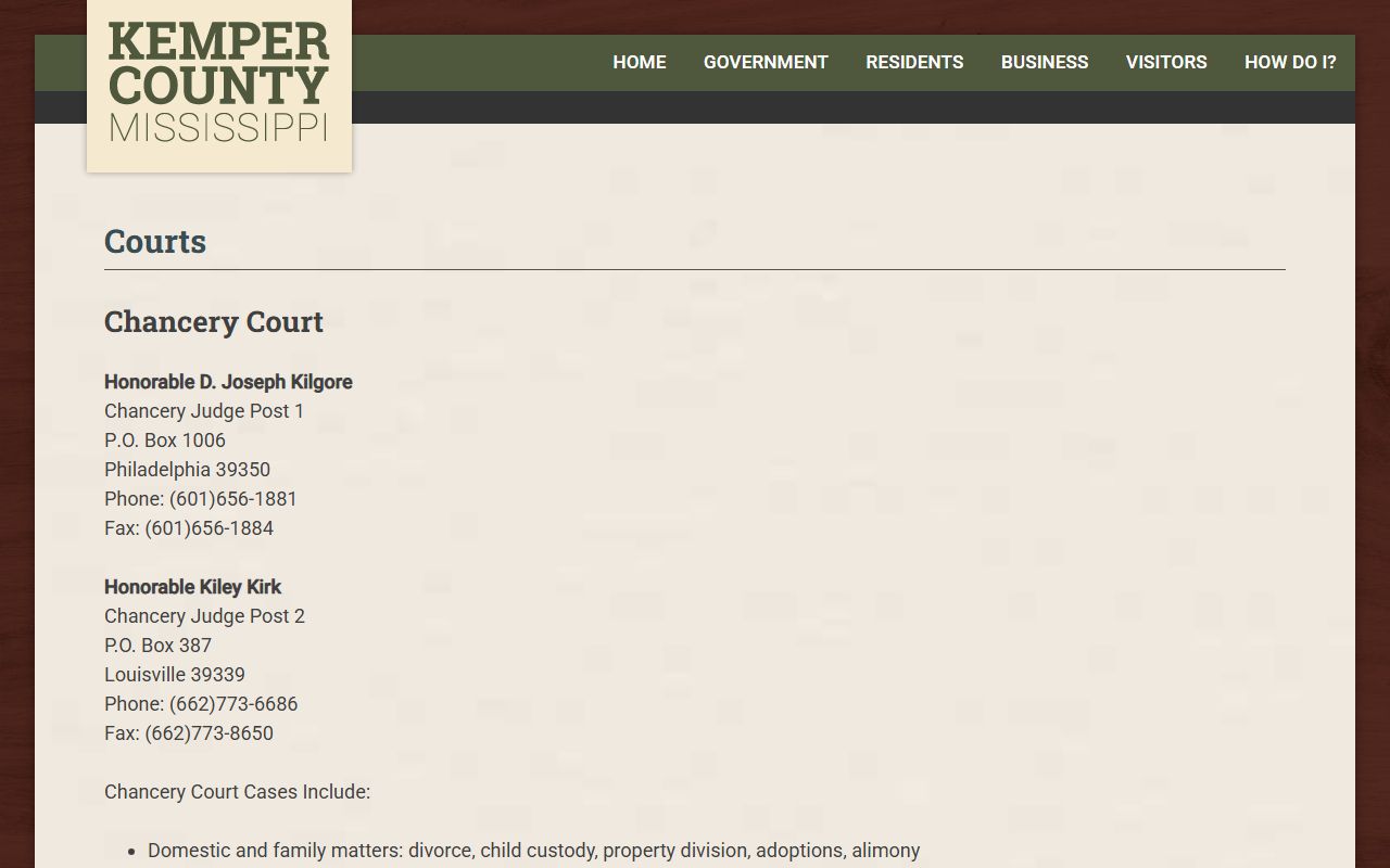 Kemper County courts overview page listing Circuit, Chancery, and Justice court records