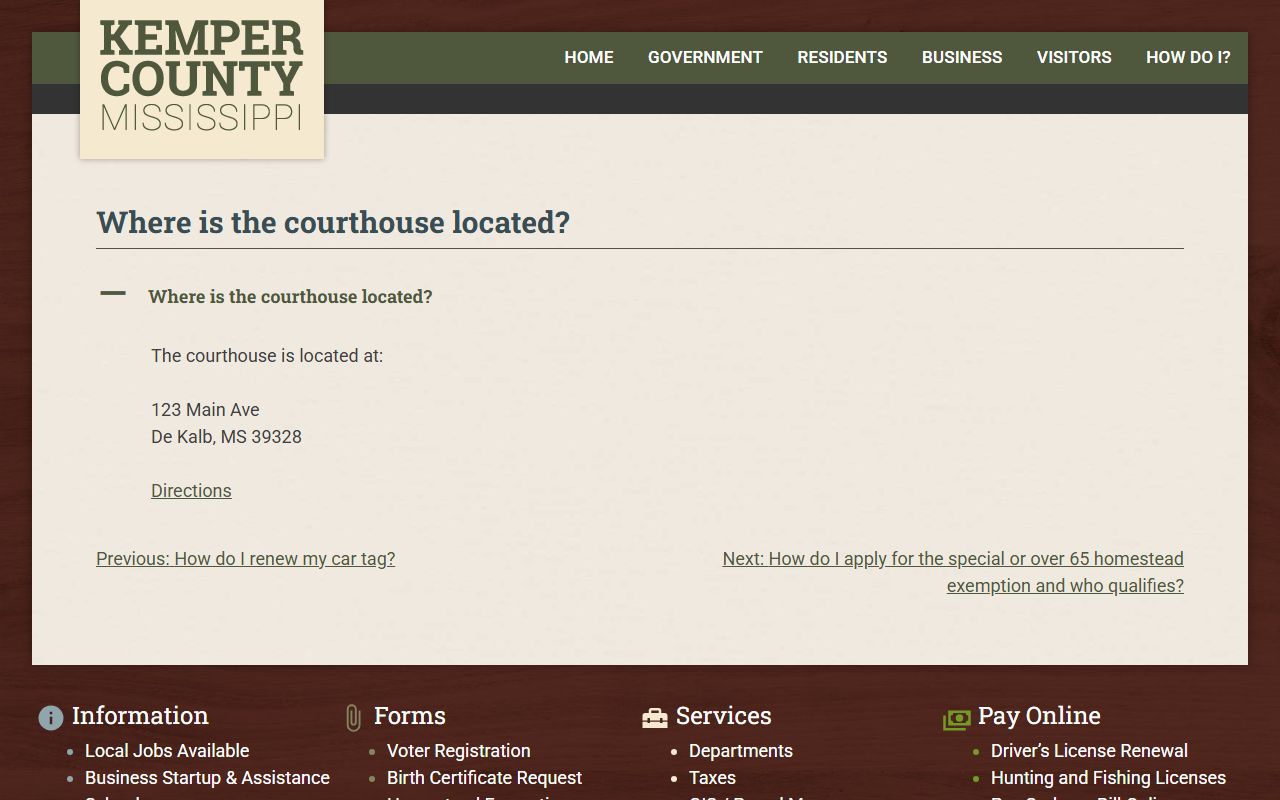 Kemper County courthouse location FAQ for court records access