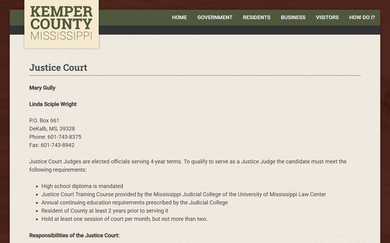 Kemper County Justice Court page covering traffic and warrant court records