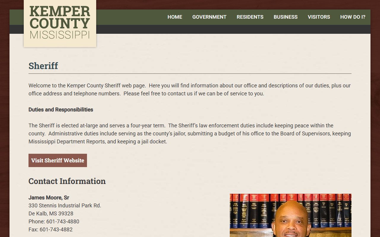 Kemper County Sheriff page with detention center address and phone numbers