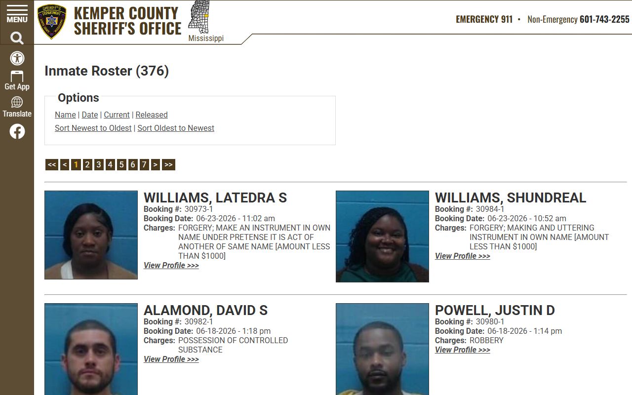 Kemper County inmate roster current bookings list with sort controls