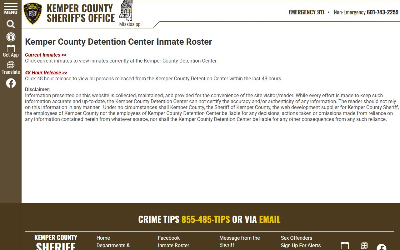 Kemper County inmate roster landing page explaining the two custody views