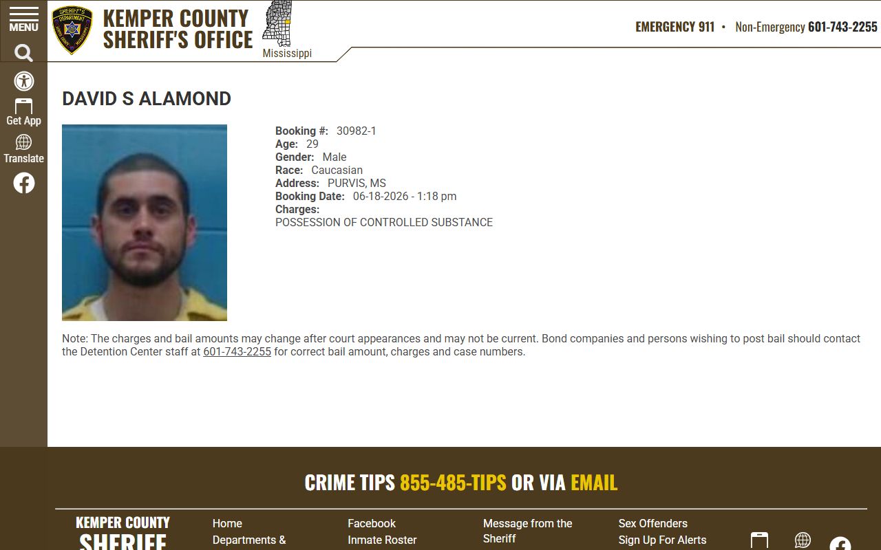 Kemper County inmate profile page showing booking number, charges, and intake details