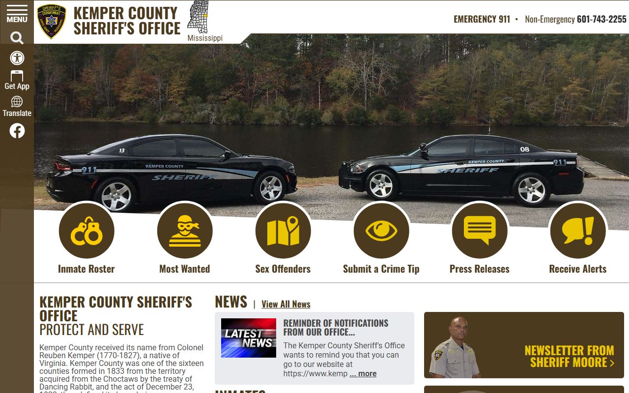 Kemper County inmate roster link on the sheriff's office homepage