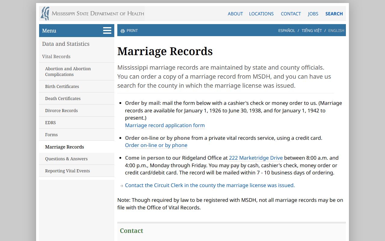 Kemper County marriage records guidance on the Mississippi State Department of Health page
