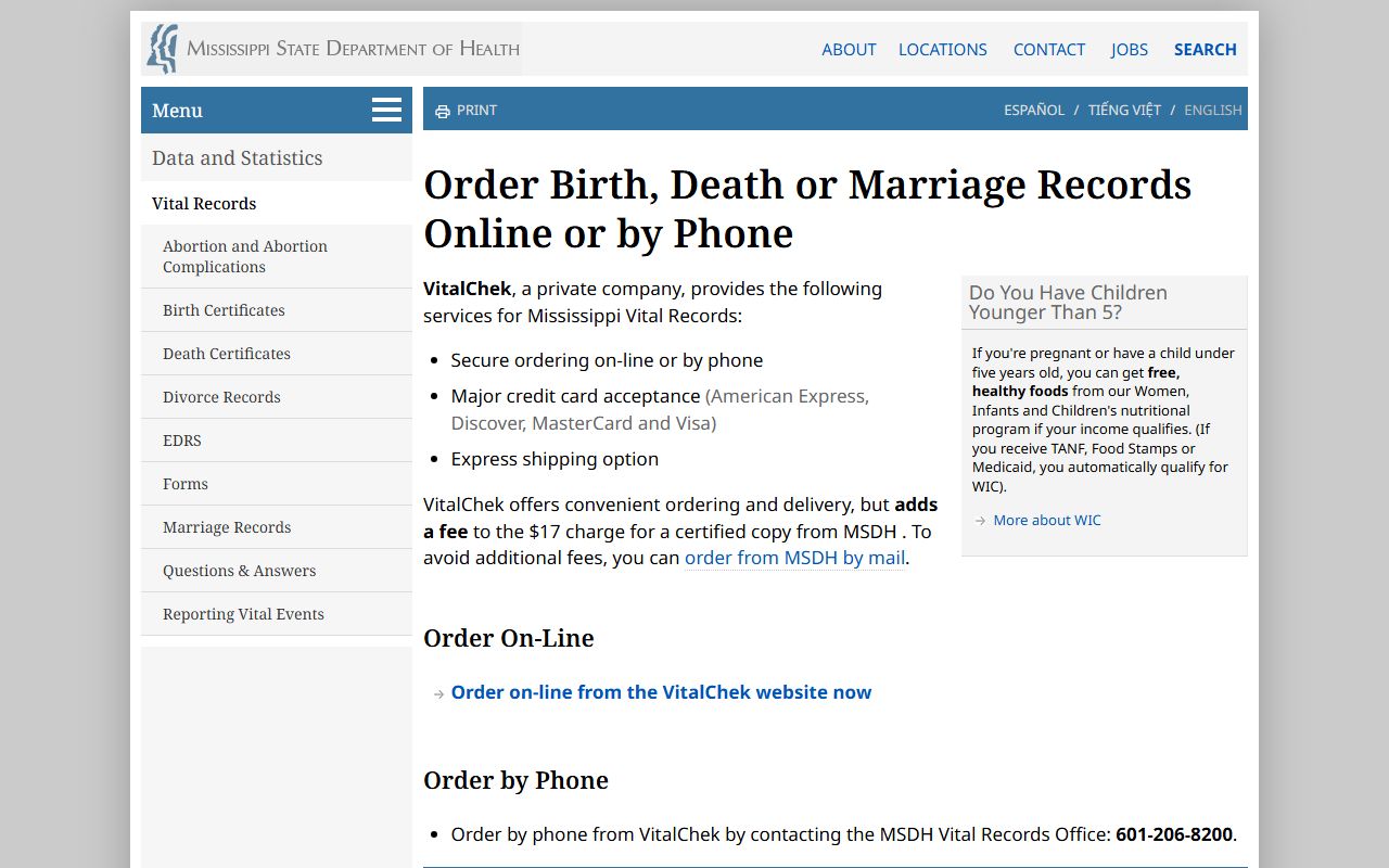 Kemper County divorce records and marriage certificate ordering on the MSDH online order page