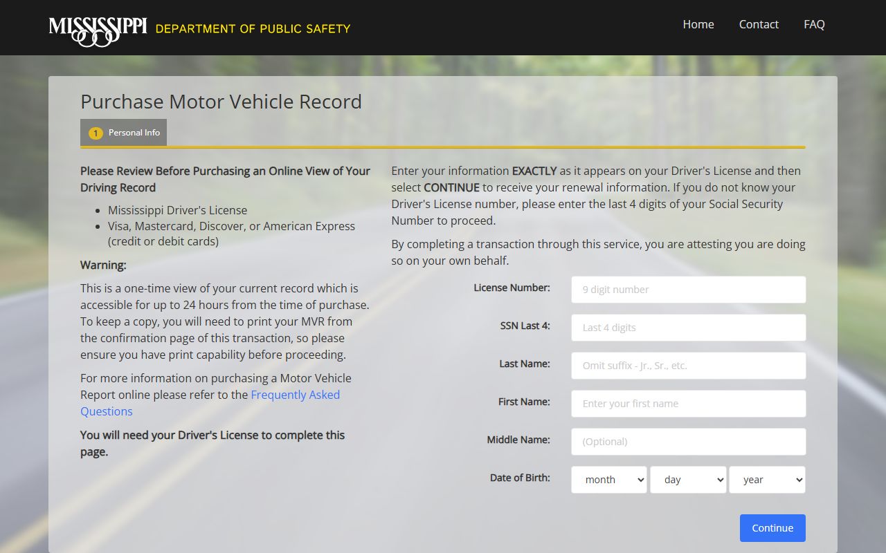 Kemper County traffic state driver record purchase on the Mississippi DPS MVR portal