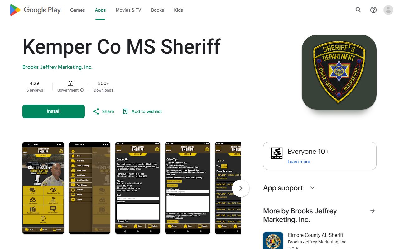 Kemper County warrant Most Wanted access shown on the Google Play app listing