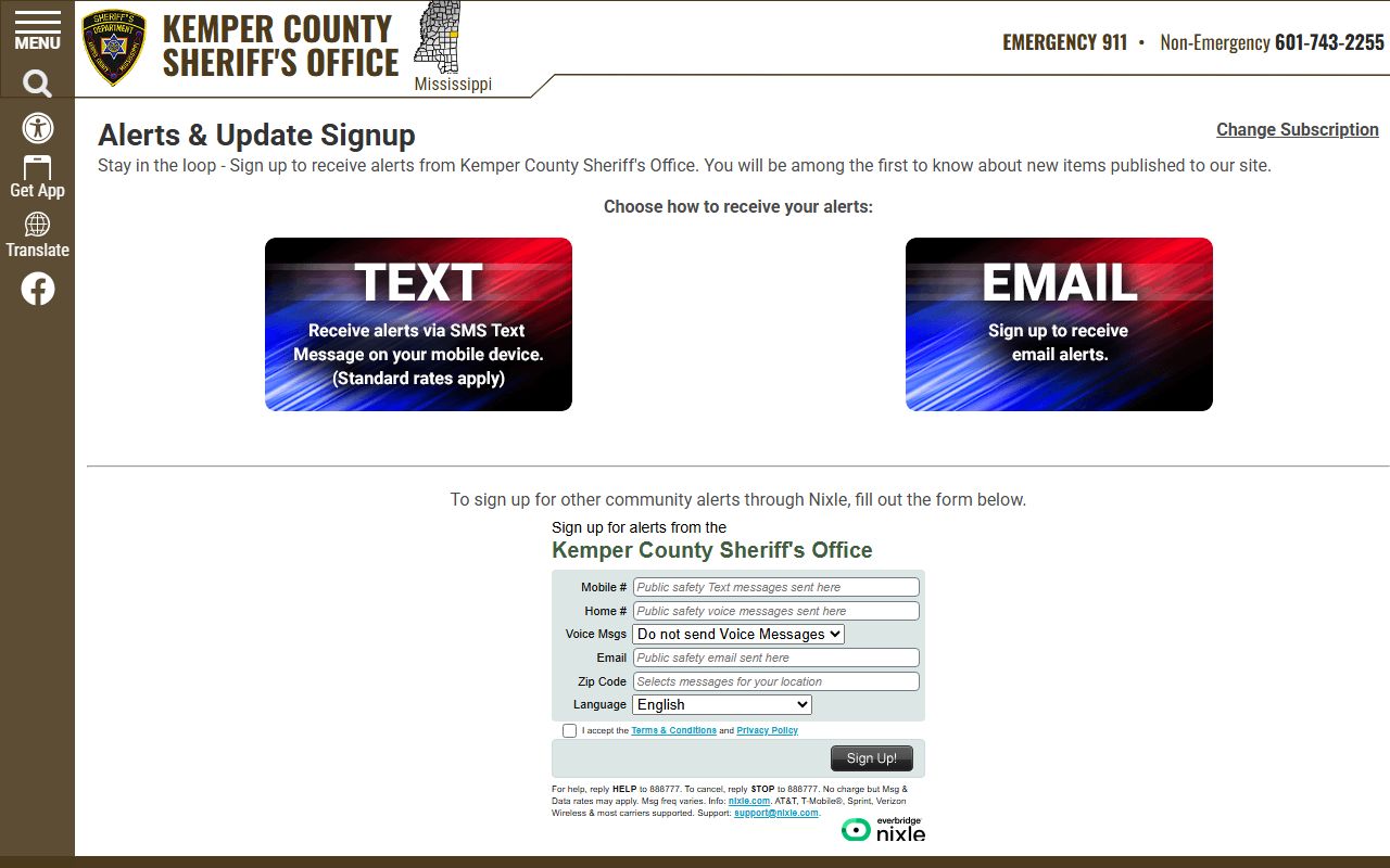 Kemper County warrant and crime alert signup page from the Sheriff's Office