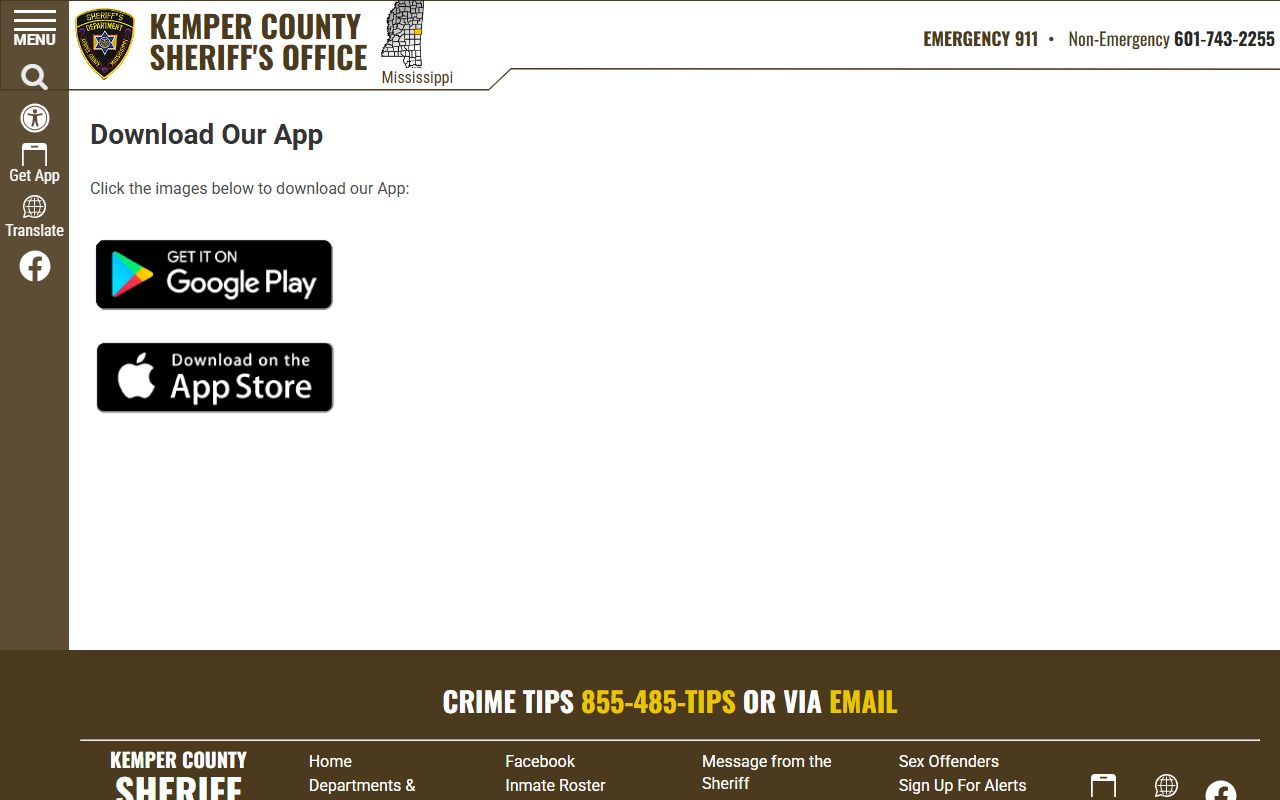 Kemper County warrant and Most Wanted access on the Sheriff's mobile app page