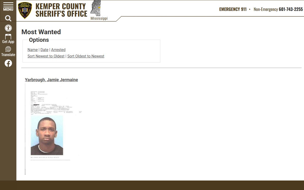 Kemper County warrant Most Wanted list on the Sheriff's Office website