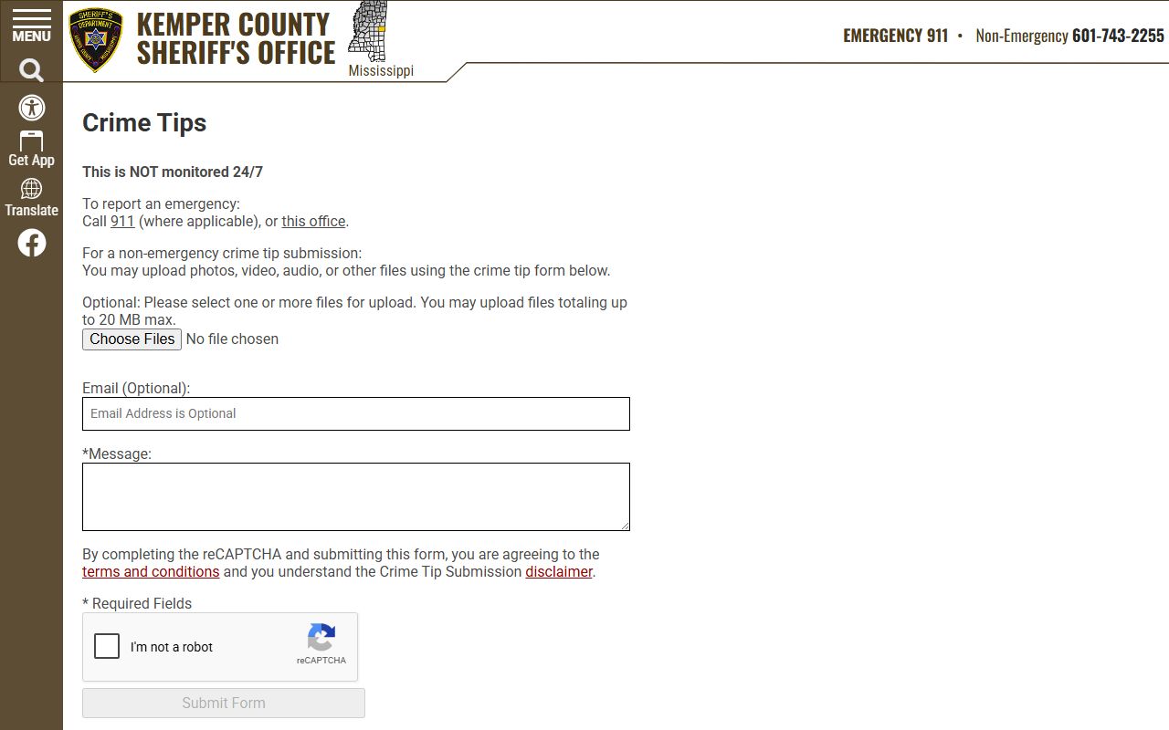 Kemper County warrant crime tip reporting page on the Sheriff's website